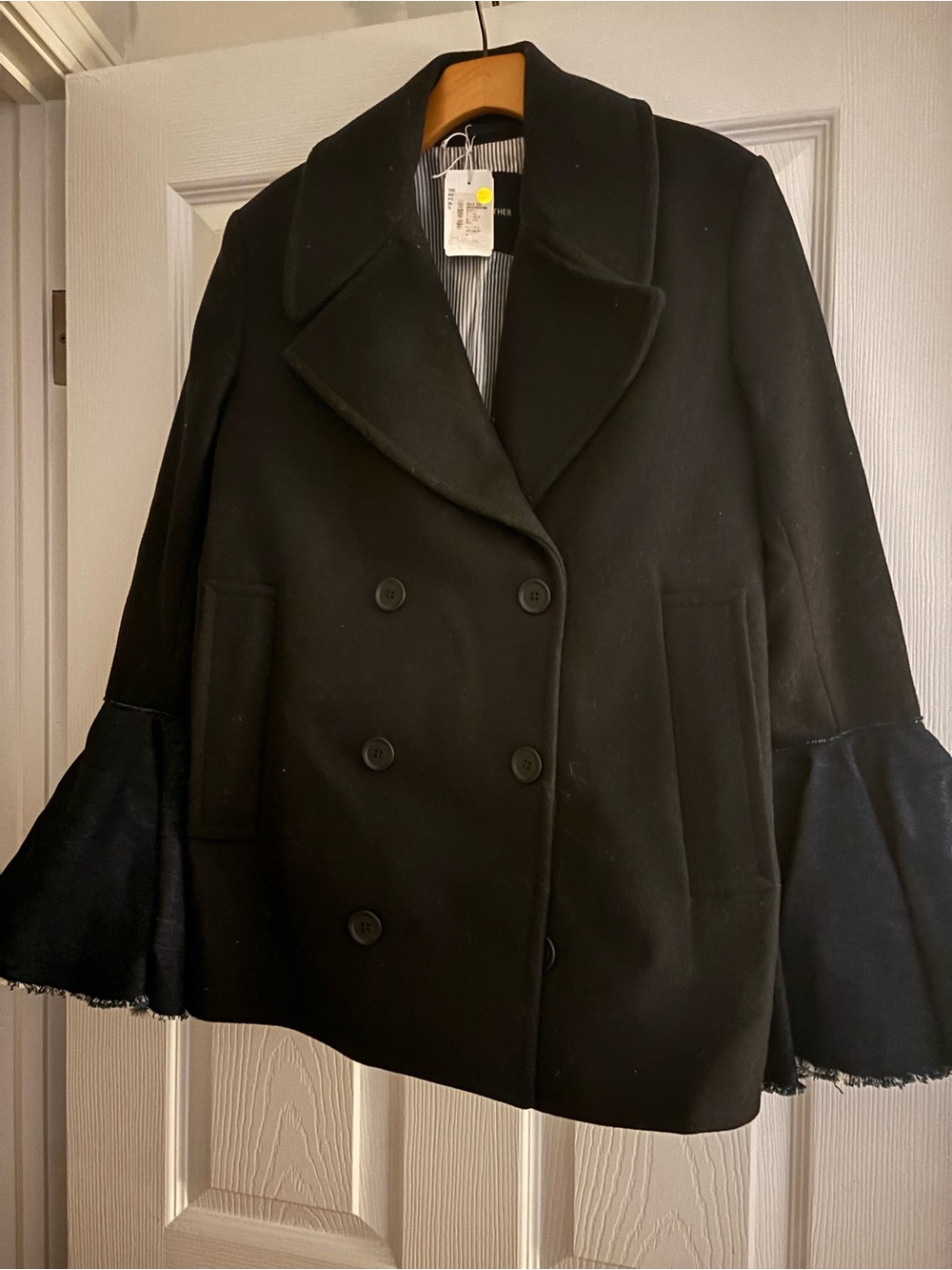 Black Women's Double-Breasted Peacoat with Bell Sleeve Detail